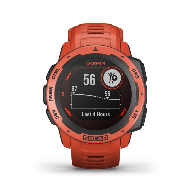 Garmin - Instinct Solar - rosu Flame Red - ceas inteligent cu GPS cu functii avansate pentru sport si incarcare solara