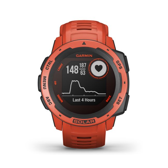 Garmin - Instinct Solar - rosu Flame Red - ceas inteligent cu GPS cu functii avansate pentru sport si incarcare solara