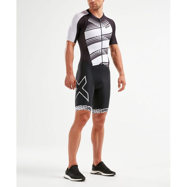 2XU - Costum triathlon barbati Compression Full Zip Sleeved Trisuit - negru dungi albe
