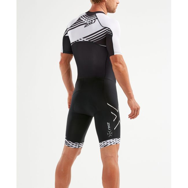 2XU - Costum triathlon barbati Compression Full Zip Sleeved Trisuit - negru dungi albe