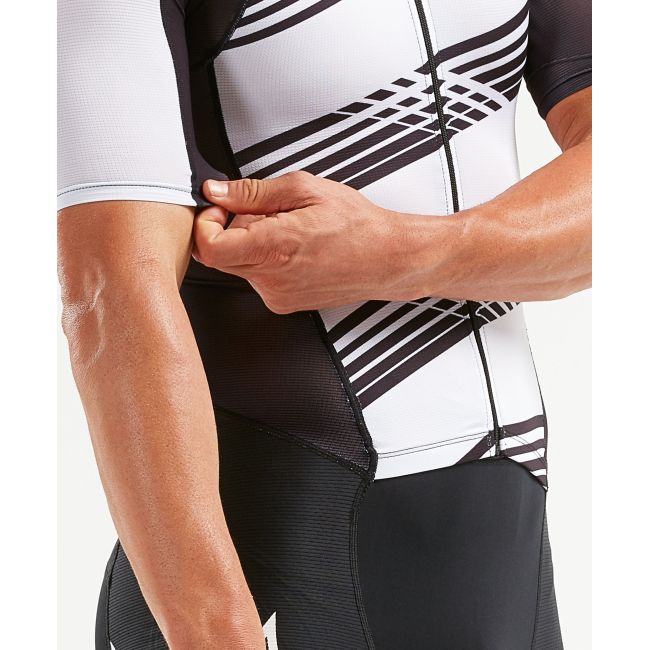2XU - Costum triathlon barbati Compression Full Zip Sleeved Trisuit - negru dungi albe