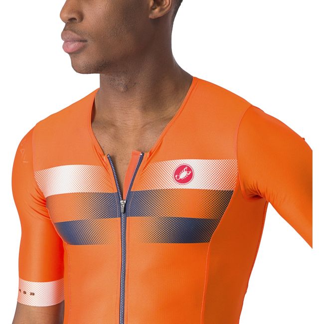 Castelli - costum trisuit triatlon pentru barbati, maneca scurta Free Sanremo SS Suit - portocaliu briliant albastru indigo belgian