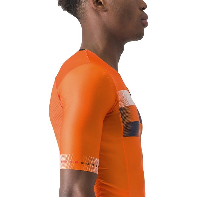 Castelli - costum trisuit triatlon pentru barbati, maneca scurta Free Sanremo SS Suit - portocaliu briliant albastru indigo belgian