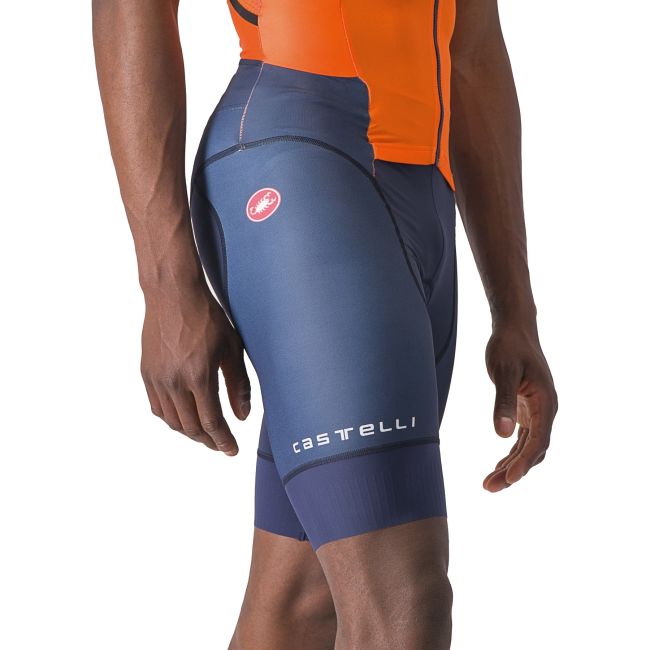 Castelli - costum trisuit triatlon pentru barbati, maneca scurta Free Sanremo SS Suit - portocaliu briliant albastru indigo belgian