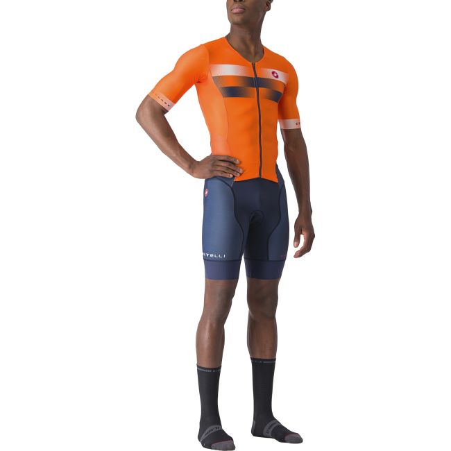 Castelli - costum trisuit triatlon pentru barbati, maneca scurta Free Sanremo SS Suit - portocaliu briliant albastru indigo belgian
