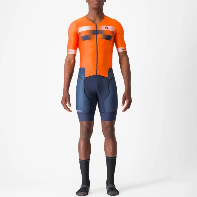 Castelli - costum trisuit triatlon pentru barbati, maneca scurta Free Sanremo SS Suit - portocaliu briliant albastru indigo belgian