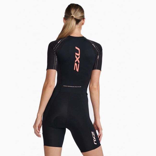 2XU - costum triatlon femei cu maneca scurta Aero Sleeved Trisuit - negru portocaliu coral