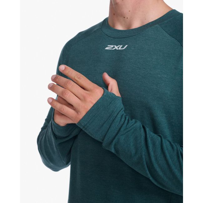 2XU - bluza tehnica pentru barbati cu maneca lunga Ignition Base Layer LS - verde inchis deep jade marle argintiu reflectorizant