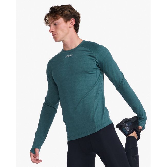 2XU - bluza tehnica pentru barbati cu maneca lunga Ignition Base Layer LS - verde inchis deep jade marle argintiu reflectorizant