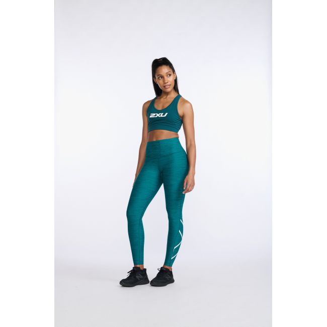 2XU - colanti compresie lungi femei Motion Print Mid Rise Compression Tights - verde inchis deep jade marled