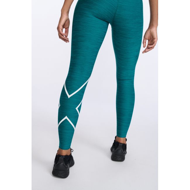 2XU - colanti compresie lungi femei Motion Print Mid Rise Compression Tights - verde inchis deep jade marled