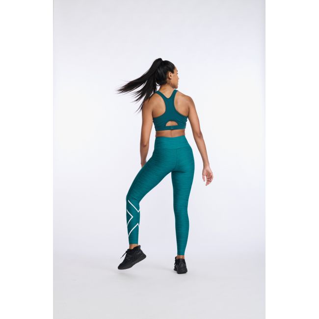 2XU - colanti compresie lungi femei Motion Print Mid Rise Compression Tights - verde inchis deep jade marled
