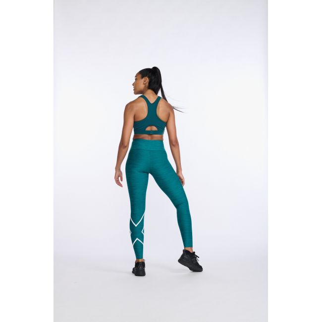 2XU - colanti compresie lungi femei Motion Print Mid Rise Compression Tights - verde inchis deep jade marled