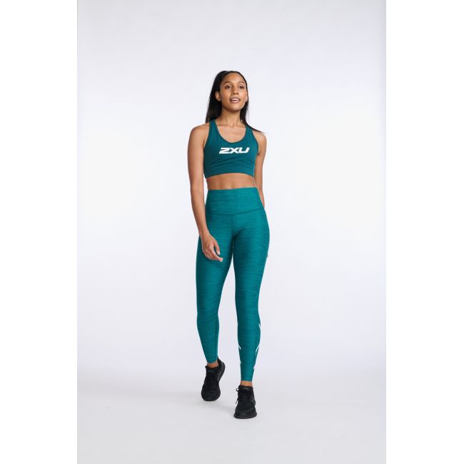 2XU - colanti compresie lungi femei Motion Print Mid Rise Compression Tights - verde inchis deep jade marled