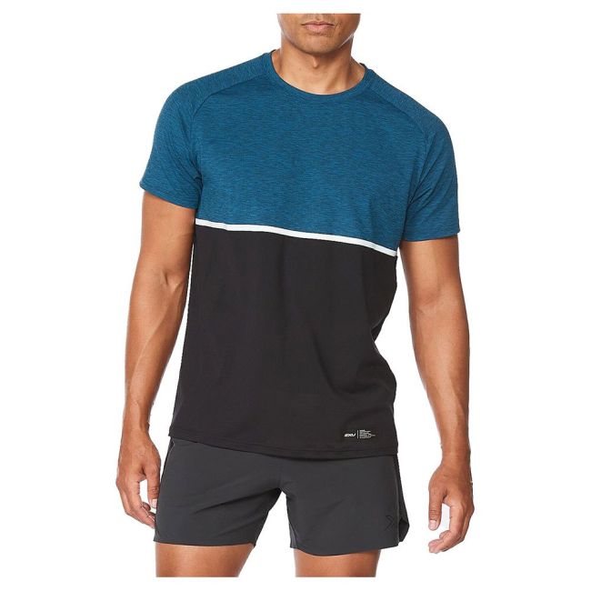 2XU - tricou tehnic pentru barbati Motion Color Block Tee - albastru Aquamarine negru
