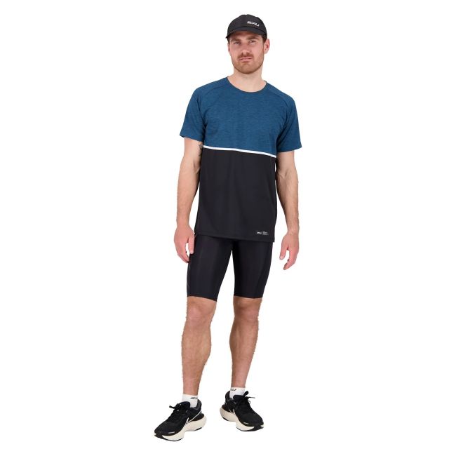 2XU - tricou tehnic pentru barbati Motion Color Block Tee - albastru Aquamarine negru