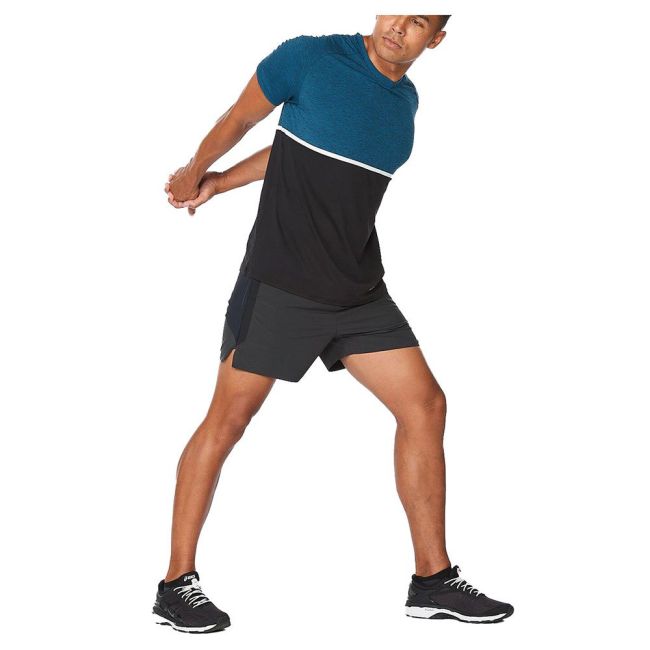 2XU - tricou tehnic pentru barbati Motion Color Block Tee - albastru Aquamarine negru