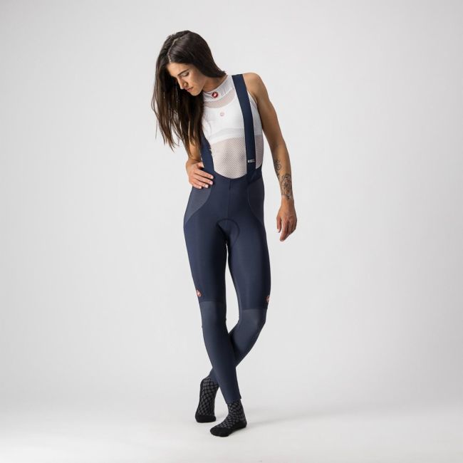 Castelli - Pantaloni lungi ciclism cu bretele pentru iarna si vreme rece pentru femei Sorpasso Ros W bibtight - bleumarin savile gri reflex