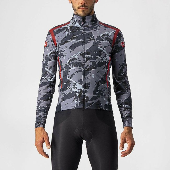 Castelli - Jacheta ciclism vreme rece si vant, maneca lunga Perfetto Ros LS jacket - camuflaj gri negru albastru rosu