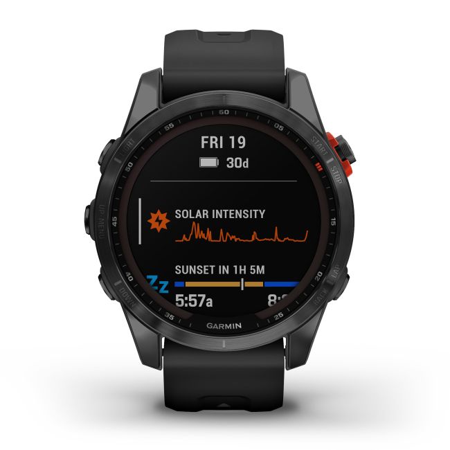 Garmin - fenix 7s Solar ceas multisport cu GPS - ramă gri închis si curea din silicon neagră