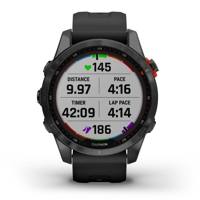 Garmin - fenix 7s Solar ceas multisport cu GPS - ramă gri închis si curea din silicon neagră