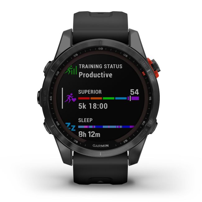 Garmin - fenix 7s Solar ceas multisport cu GPS - ramă gri închis si curea din silicon neagră