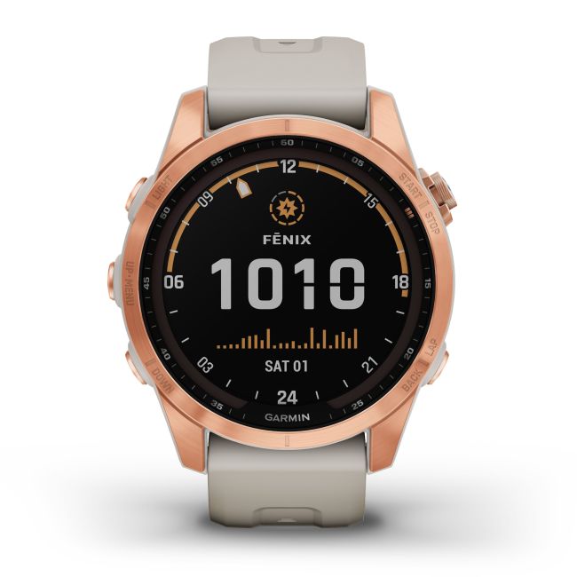 Garmin - fenix 7s Solar ceas multisport cu GPS - ramă rose gold si curea din silicon crem