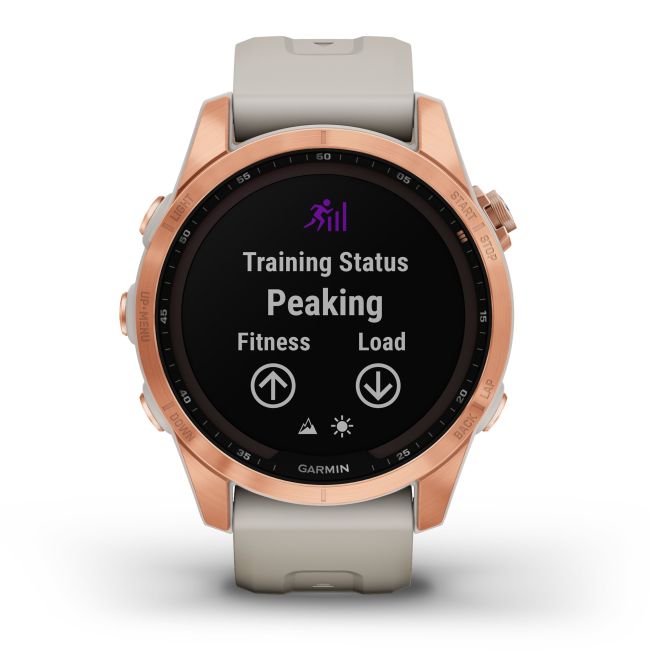 Garmin - fenix 7s Solar ceas multisport cu GPS - ramă rose gold si curea din silicon crem