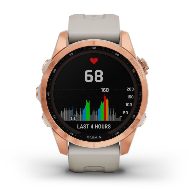 Garmin - fenix 7s Solar ceas multisport cu GPS - ramă rose gold si curea din silicon crem