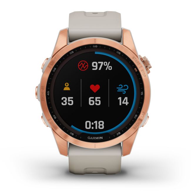 Garmin - fenix 7s Solar ceas multisport cu GPS - ramă rose gold si curea din silicon crem