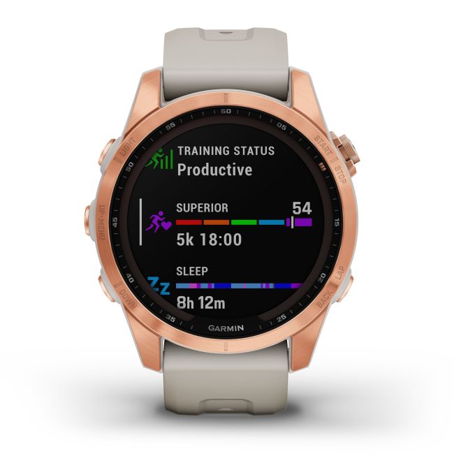 Garmin - fenix 7s Solar ceas multisport cu GPS - ramă rose gold si curea din silicon crem