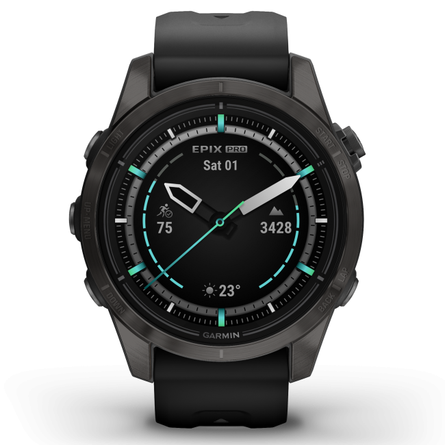 Garmin - epix Pro 42mm Gen 2s Sapphire smartwatch premium AMOLED - ramă gri din titanium DLC si curea din silicon neagră
