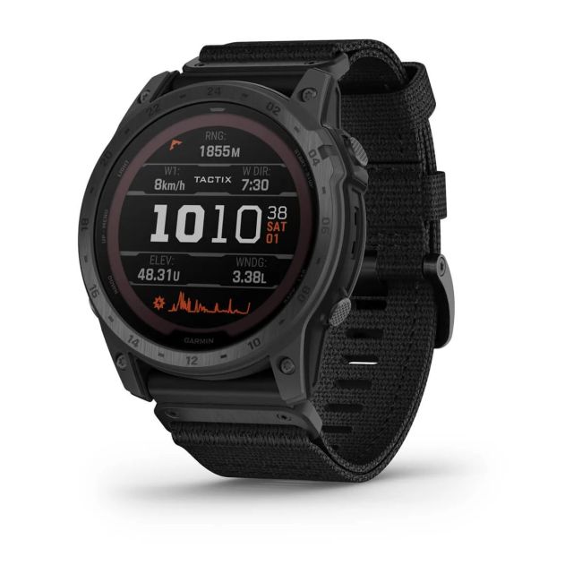 Garmin - Tactix 7 PRO Ballistics Sapphire Solar ceas multisport cu GPS - ramă neagră Titanium DLC și curea din silicon neagră + nailon