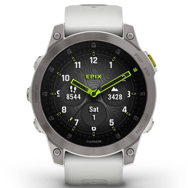 Garmin - Epix Gen 2 Sapphire smartwatch premium cu GPS si AMOLED - ramă gri din titanium, carcasă albă si curea din silicon albă