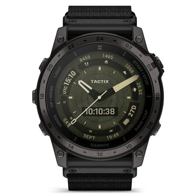 Garmin - Tactix 7 AMOLED Sapphire ceas multisport cu GPS - ramă neagră Titanium DLC și curea din silicon neagră + nailon
