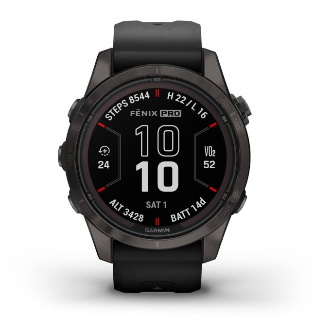 Garmin - fenix 7s Pro Sapphire Solar smartwatch premium cu incarcare solara 42mm - ramă gri din titanium DLC si curea din silicon neagră