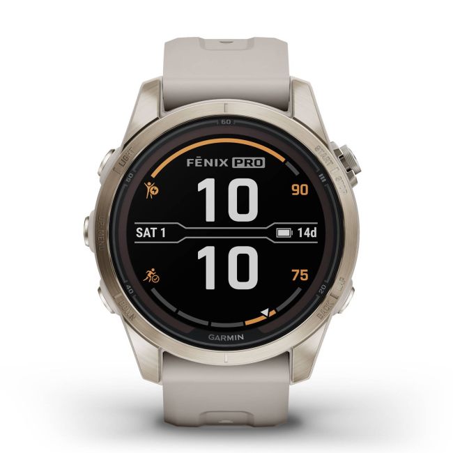 Garmin - fenix 7s Pro Sapphire Solar smartwatch premium cu incarcare solara 42mm - ramă Soft Gold si curea din silicon crem