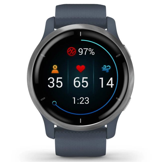 Garmin - Venu 2 smartwatch cu GPS și AMOLED - rama argintie și carcasă albastru-granit cu brățară din silicon