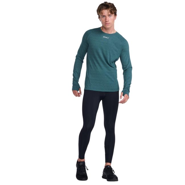 2XU - bluza tehnica pentru barbati cu maneca lunga Ignition Base Layer LS - verde inchis deep jade marle argintiu reflectorizant