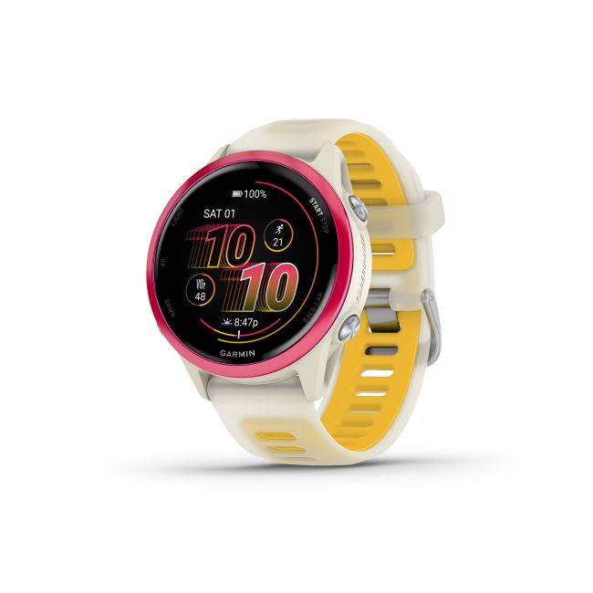 Garmin Forerunner 570 - 42 mm - ceas multisport cu GPS si AMOLED - alb mango roz Raspberry Aluminium with Translucent Bone | Mango Band