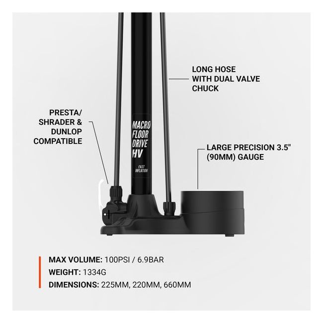 Lezyne - pompa podea - Macro HV Floor Drive DV - manometru - Schrader I Presta - negru - 100 psi