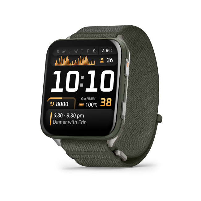 Garmin - Venu X1 - smartwatch cu GPS și AMOLED - Moss cu spate din titan argintiu și curea din nailon ComfortFit Moss