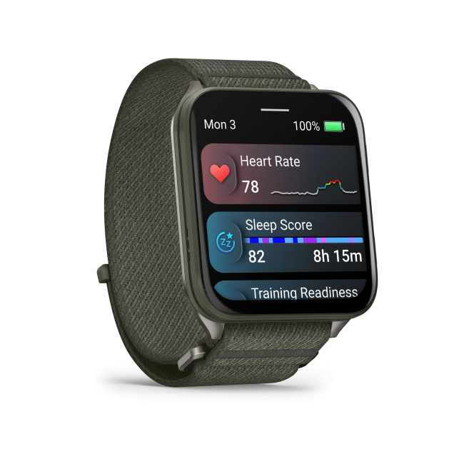 Garmin - Venu X1 - smartwatch cu GPS și AMOLED - Moss cu spate din titan argintiu și curea din nailon ComfortFit Moss