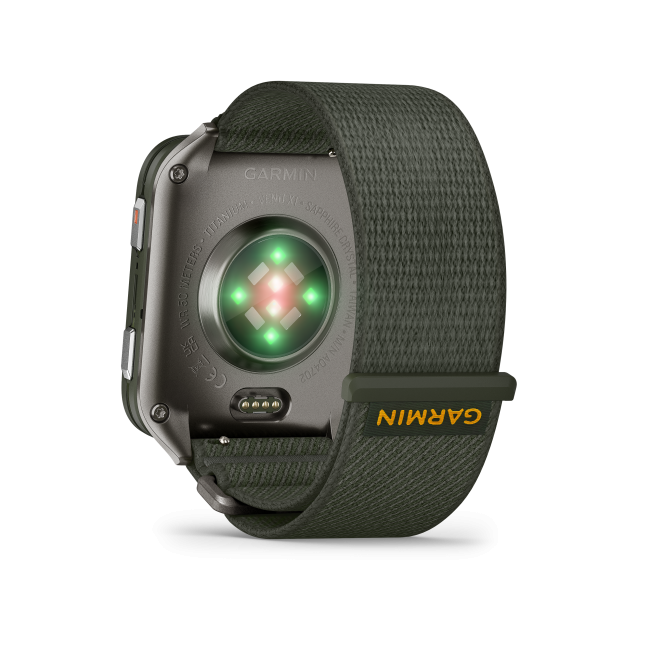 Garmin - Venu X1 - smartwatch cu GPS și AMOLED - Moss cu spate din titan argintiu și curea din nailon ComfortFit Moss