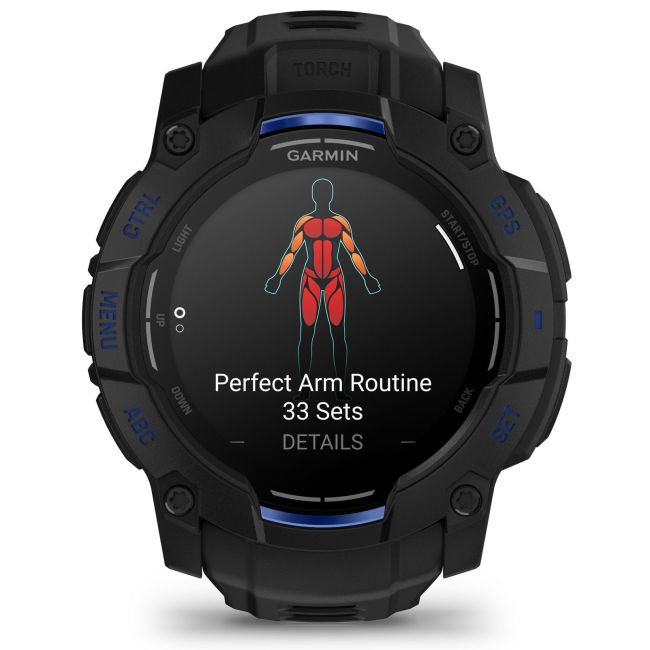 Garmin INSTINCT 3 - 50 mm AMOLED - Whitestone cu curea neagră / albastru intens - smartwatch robust cu GPS