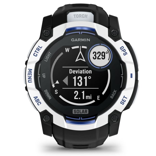 Garmin INSTINCT 3 - 50 mm Solar - Whitestone cu curea neagră/albastru intens - smartwatch robust cu GPS