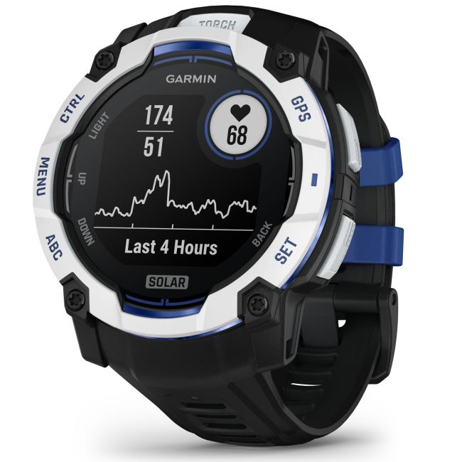 Garmin INSTINCT 3 - 50 mm Solar - Whitestone cu curea neagră/albastru intens - smartwatch robust cu GPS