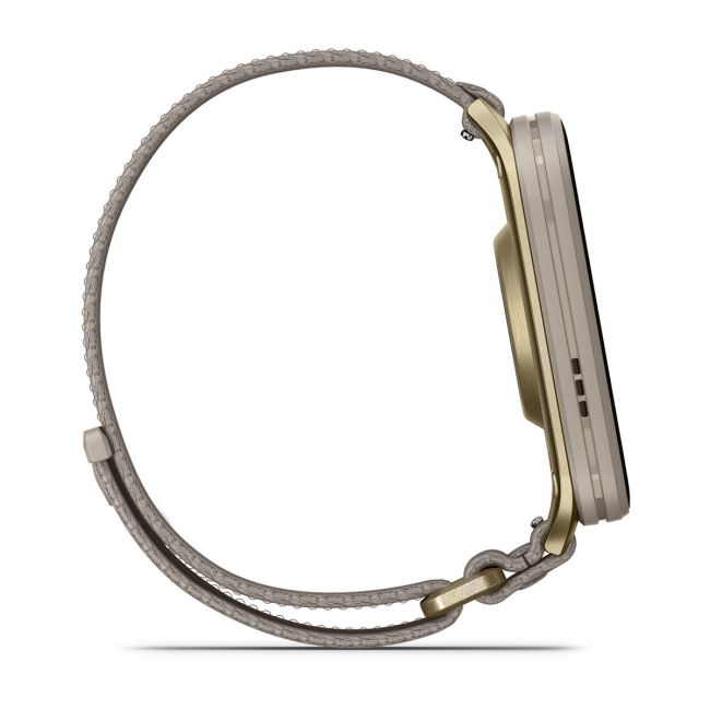 Garmin Venu X1 | Soft Gold cu spate din titan și curea din nailon French Gray