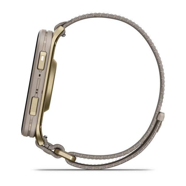 Garmin Venu X1 | Soft Gold cu spate din titan și curea din nailon French Gray