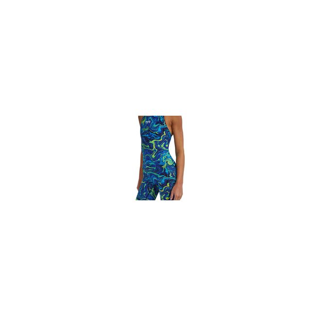 Costum înot întreg femei TYR Thresher Open Back - albastru/verde